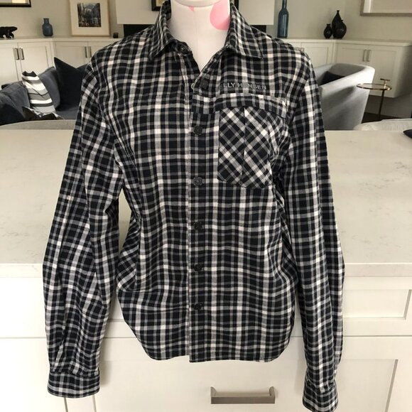 Helly Hansen Casual Cozy Snap Down Cotton Plaid Shirt Black Grey White Sz S - Picture 4 of 12